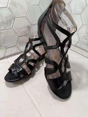 Life Stride Black Leather Yacht Wedge Strappy Sandals Size 8 Zipper Comfy